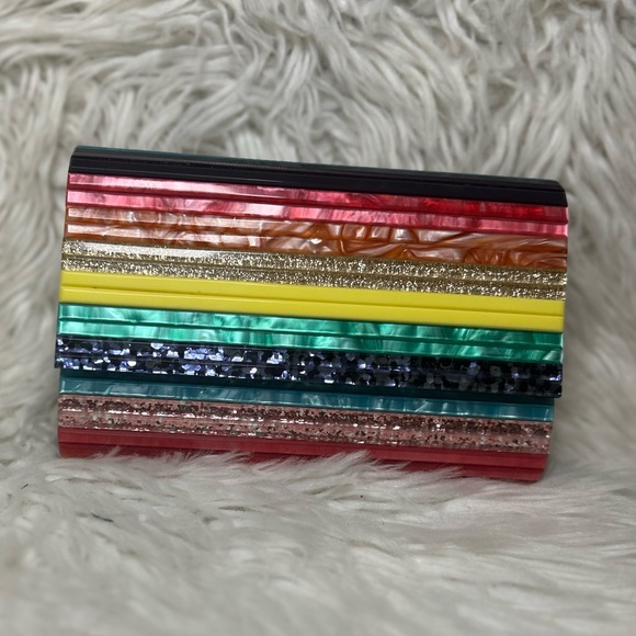 Kurt Geiger London Party Multi Stripe  Pride Rainbow Glitter Envelope Clutch - Picture 15 of 17